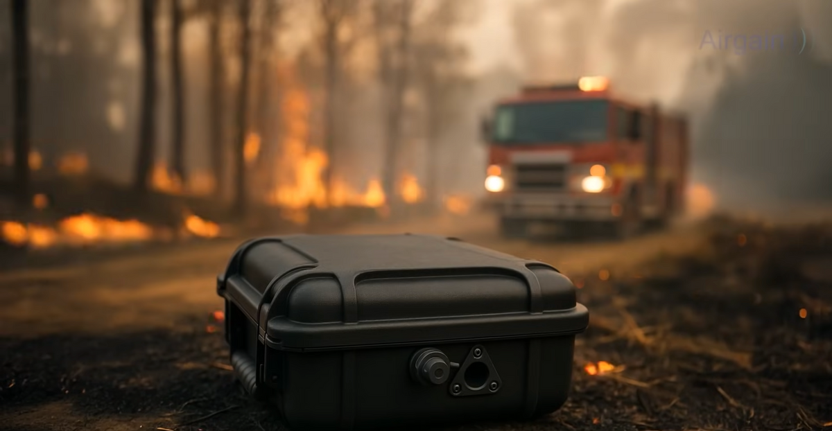 The AirgainConnect® Go-Kit Pro sits in the foreground on a forest road, with a blurred fire truck and flames in the background.