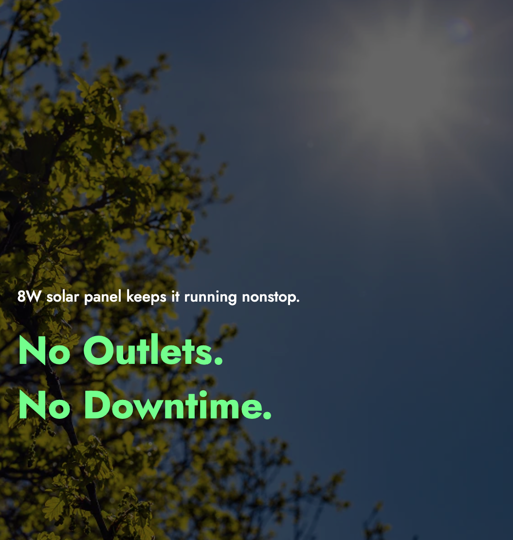 Solar panel advertisement with sun and tree branches in the background