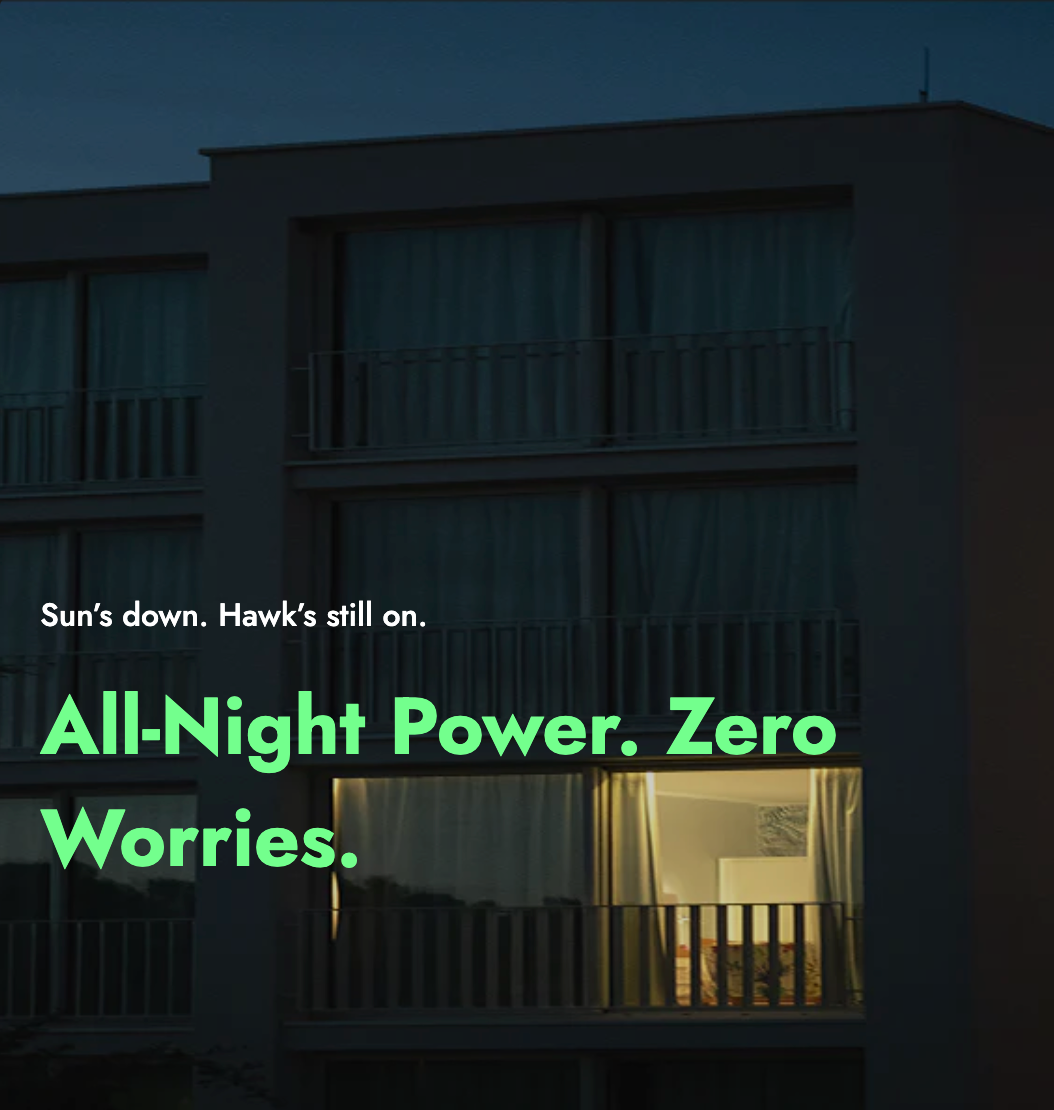 Building exterior with text overlay about all-night power supply