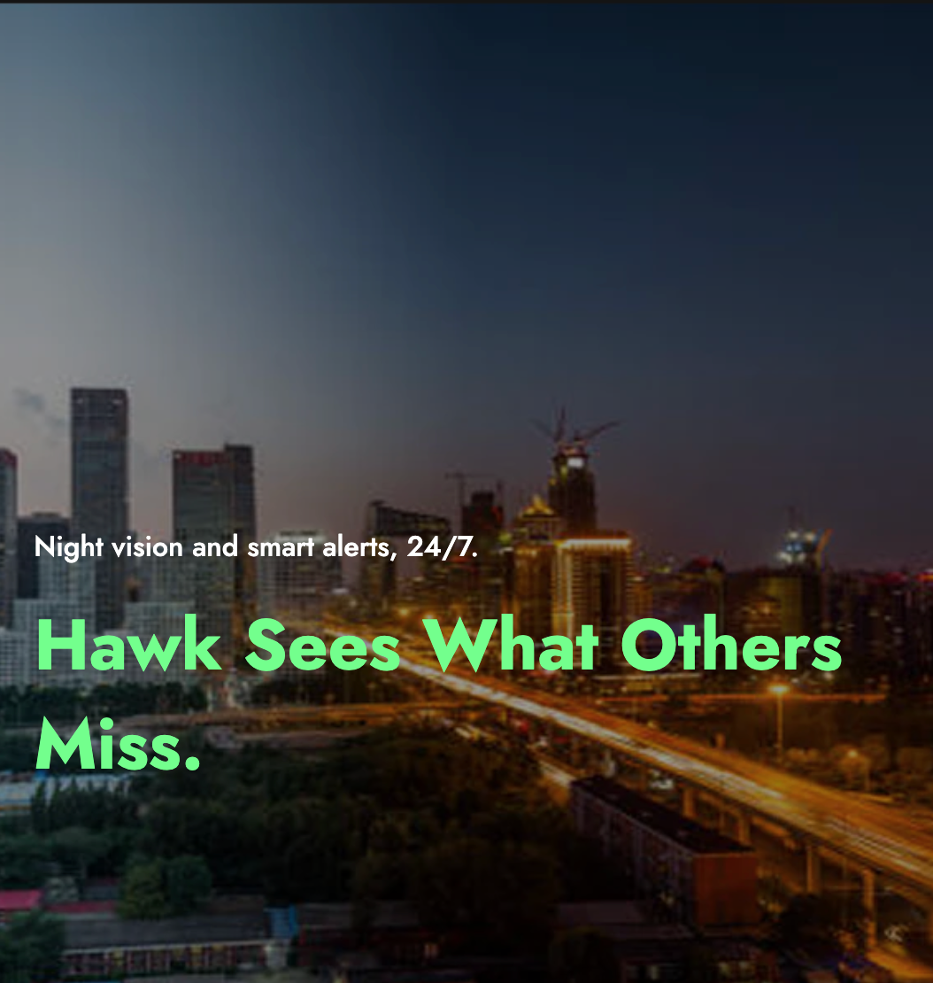 Cityscape at night with text overlay about night vision and smart alerts.