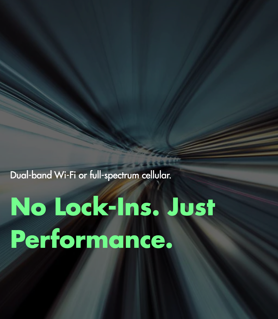 Text on a blurred tunnel background with promotional message about Wi-Fi and cellular performance.