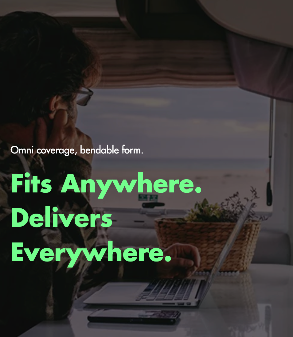 Person using a laptop in an RV with text overlay about product features.