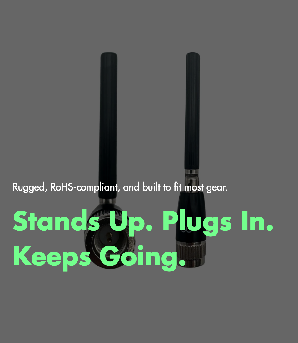 Two black antennas on a gray background with promotional text.