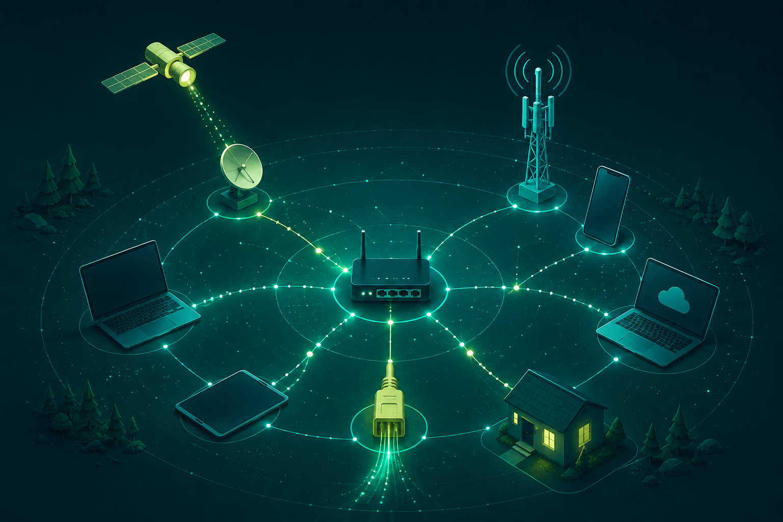 Illustration of a networked landscape with laptops, router, satellite, and house connected by lines on a dark background.