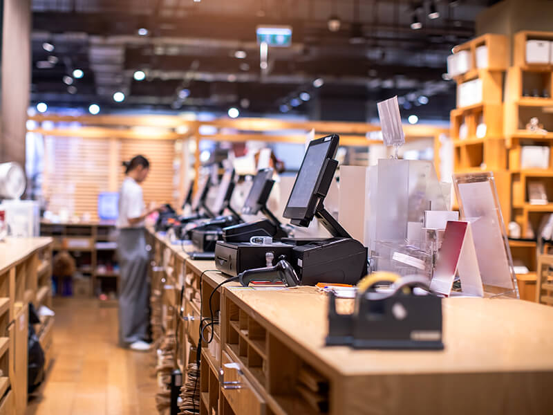 Cashier station with POS system in a store setting