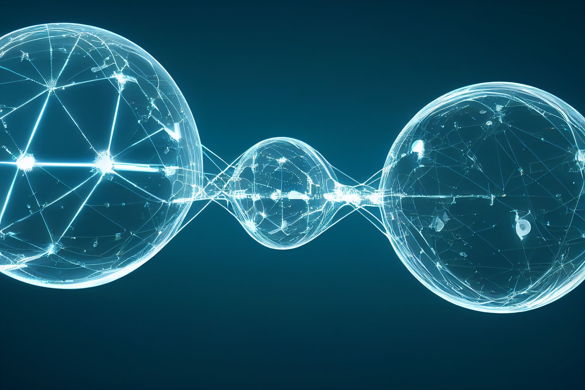 Three connected spheres with network-like structures on a dark blue background